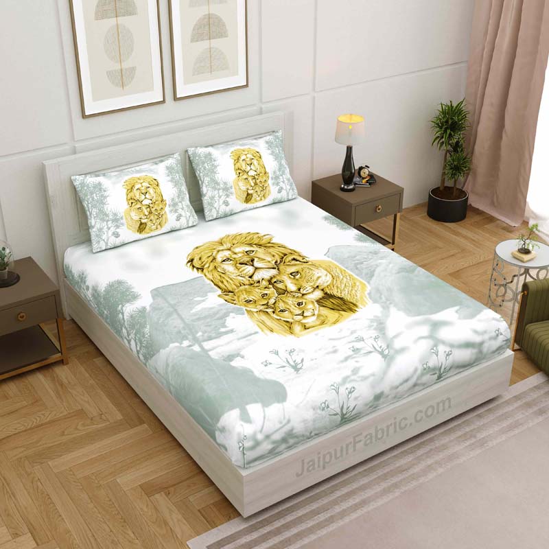 Pastel Grey Lion Family King Size Bedsheet