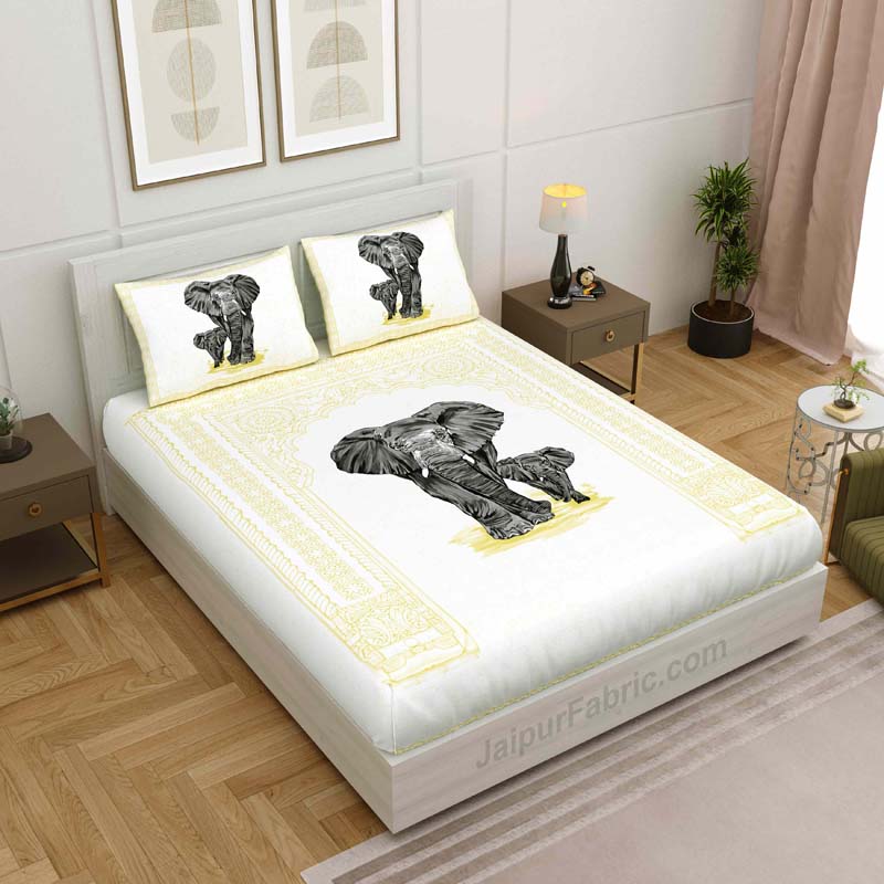 Yellow Elephant Print King Size Bedsheet