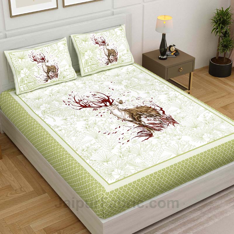 Mehndi Green Reindeer Print King Size Bedsheet