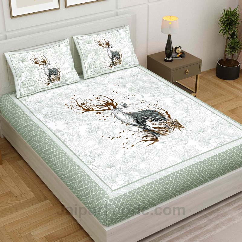 Pastel Green Reindeer Print King Size Bedsheet