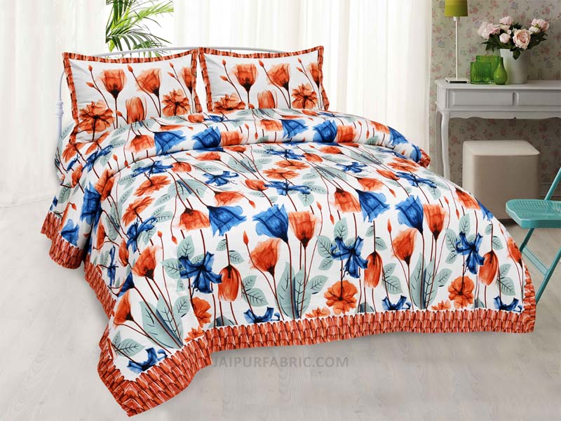 Blue Red RoseBud Canvas Painting Prints Double BedSheet