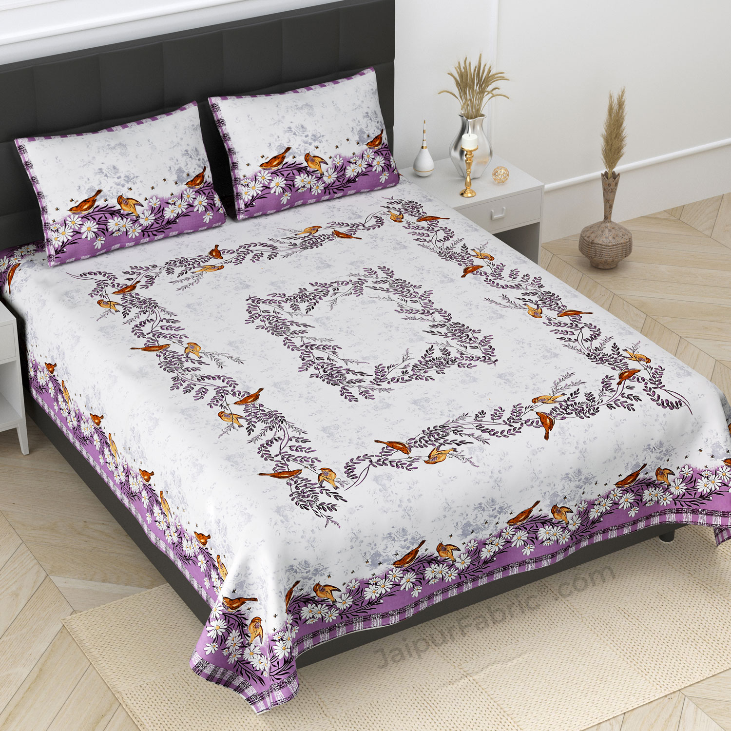 Daisy Flower Birds Print Purple King Size Bedsheet