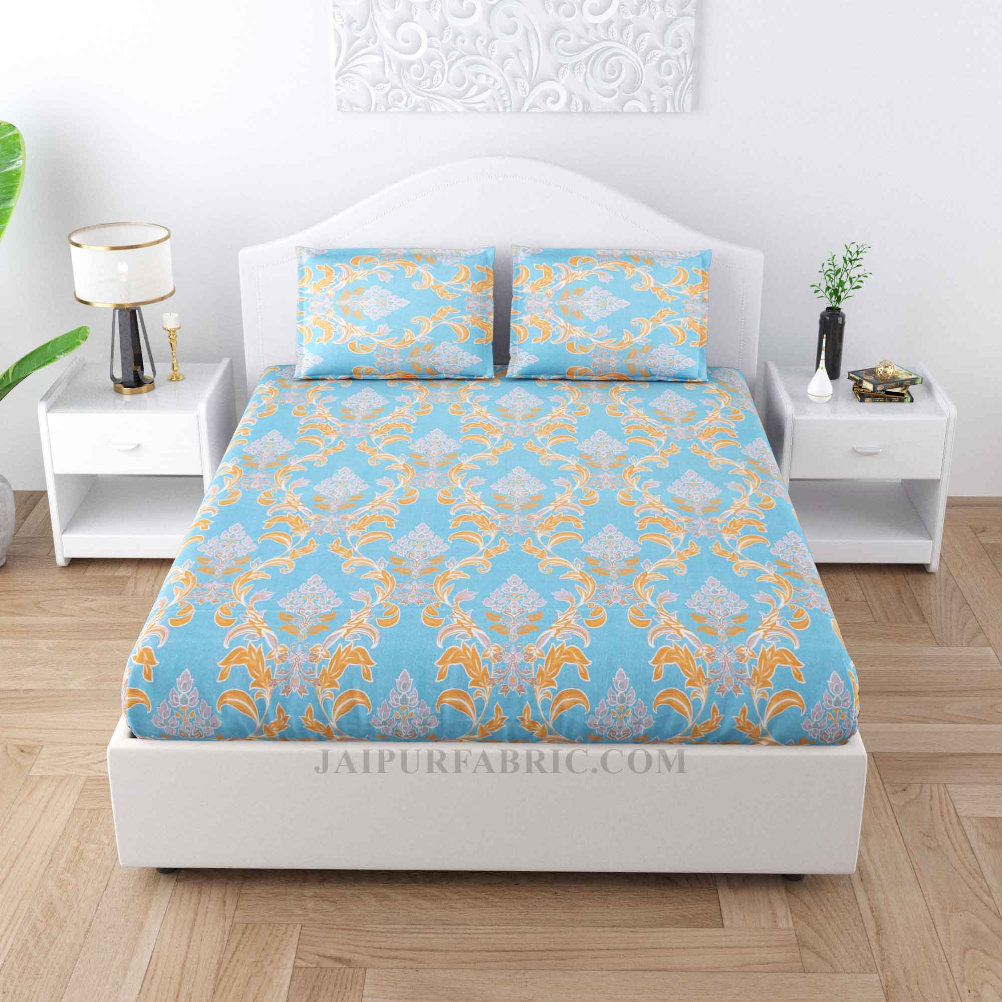 Majestic Mesh Blue Cotton Double Bedsheet