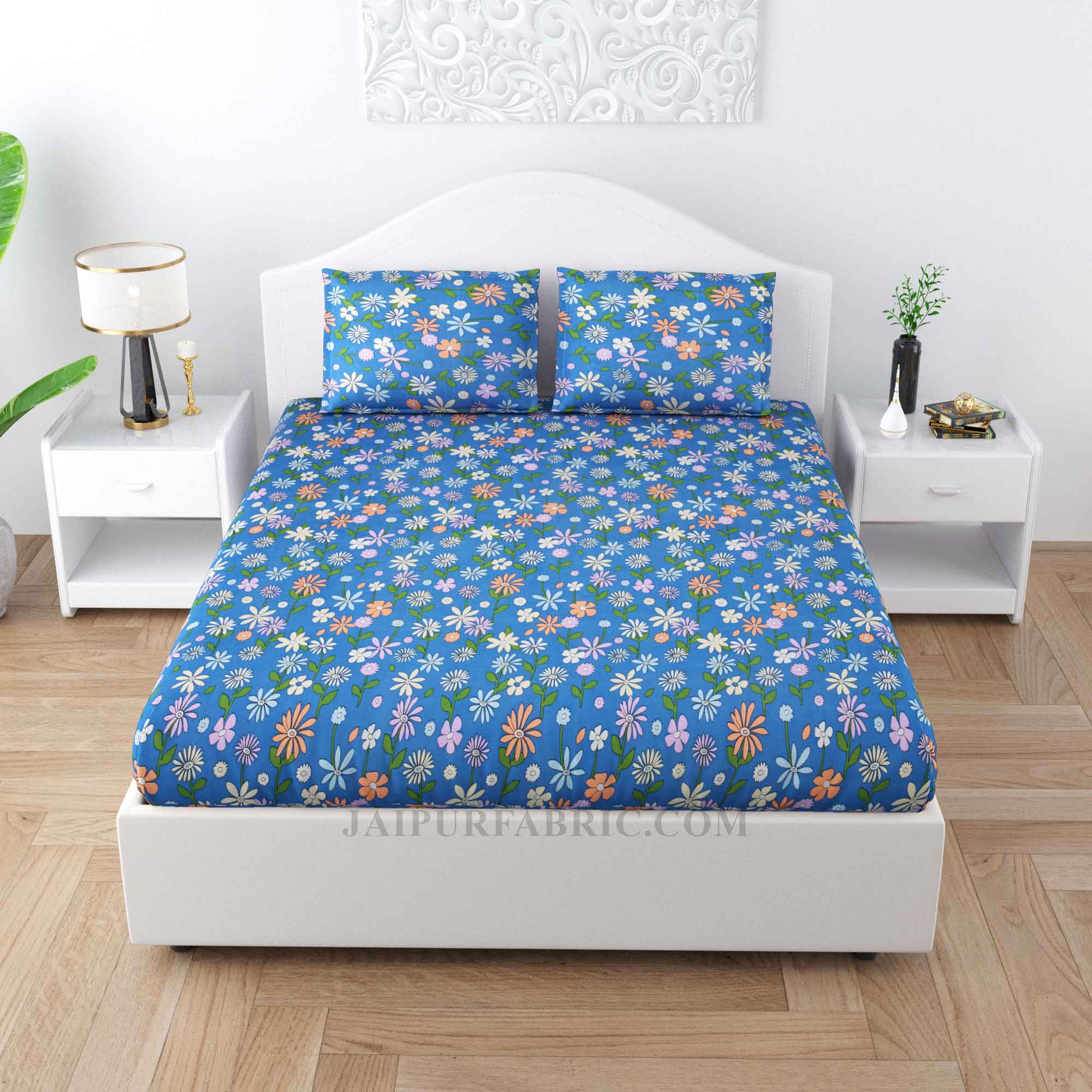 Gathered Flowers Blue Cotton Double Bedsheet