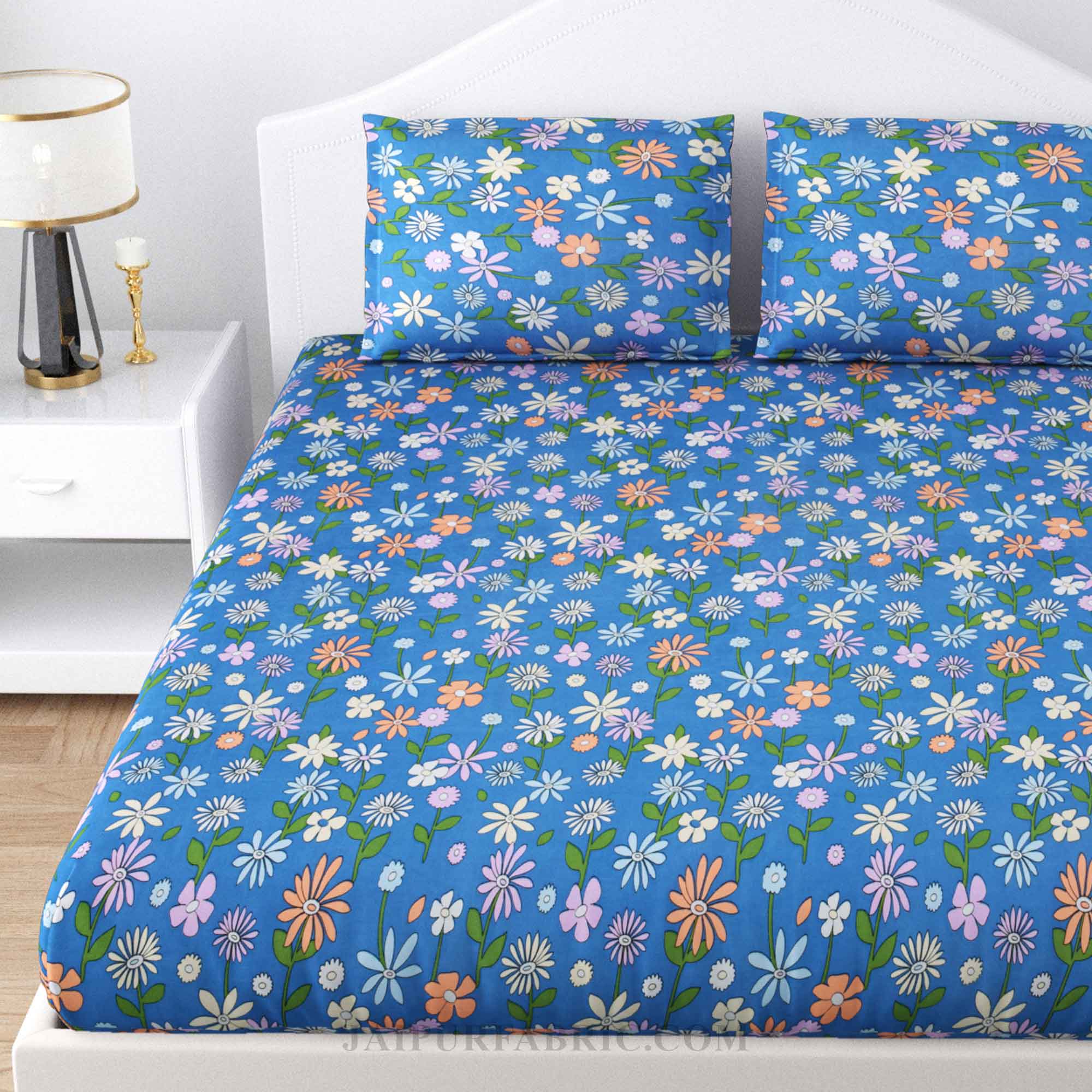 Gathered Flowers Blue Cotton Double Bedsheet