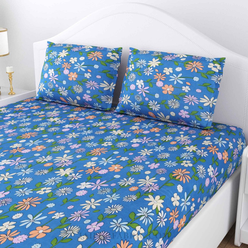 Gathered Flowers Blue Cotton Double Bedsheet