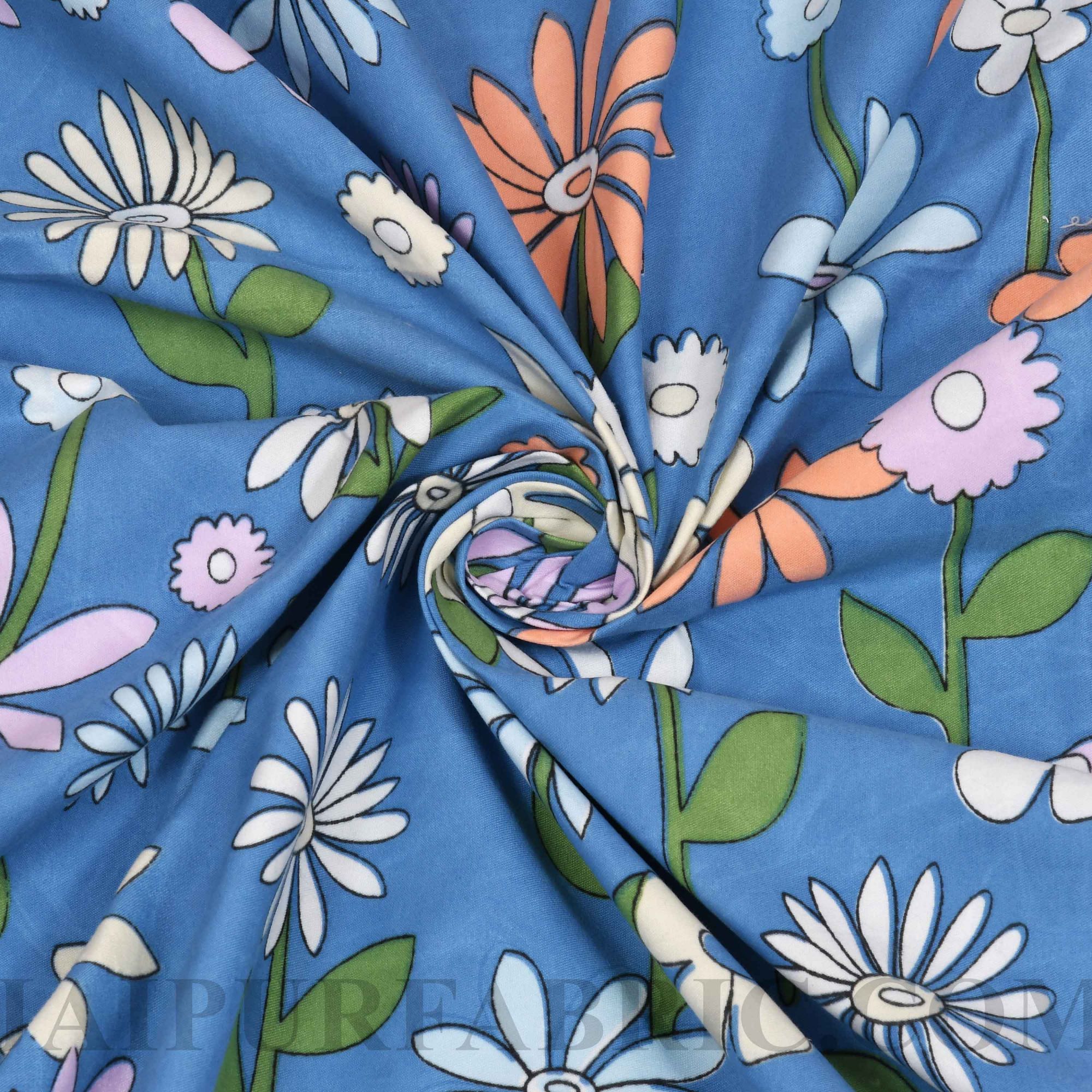 Gathered Flowers Blue Cotton Double Bedsheet