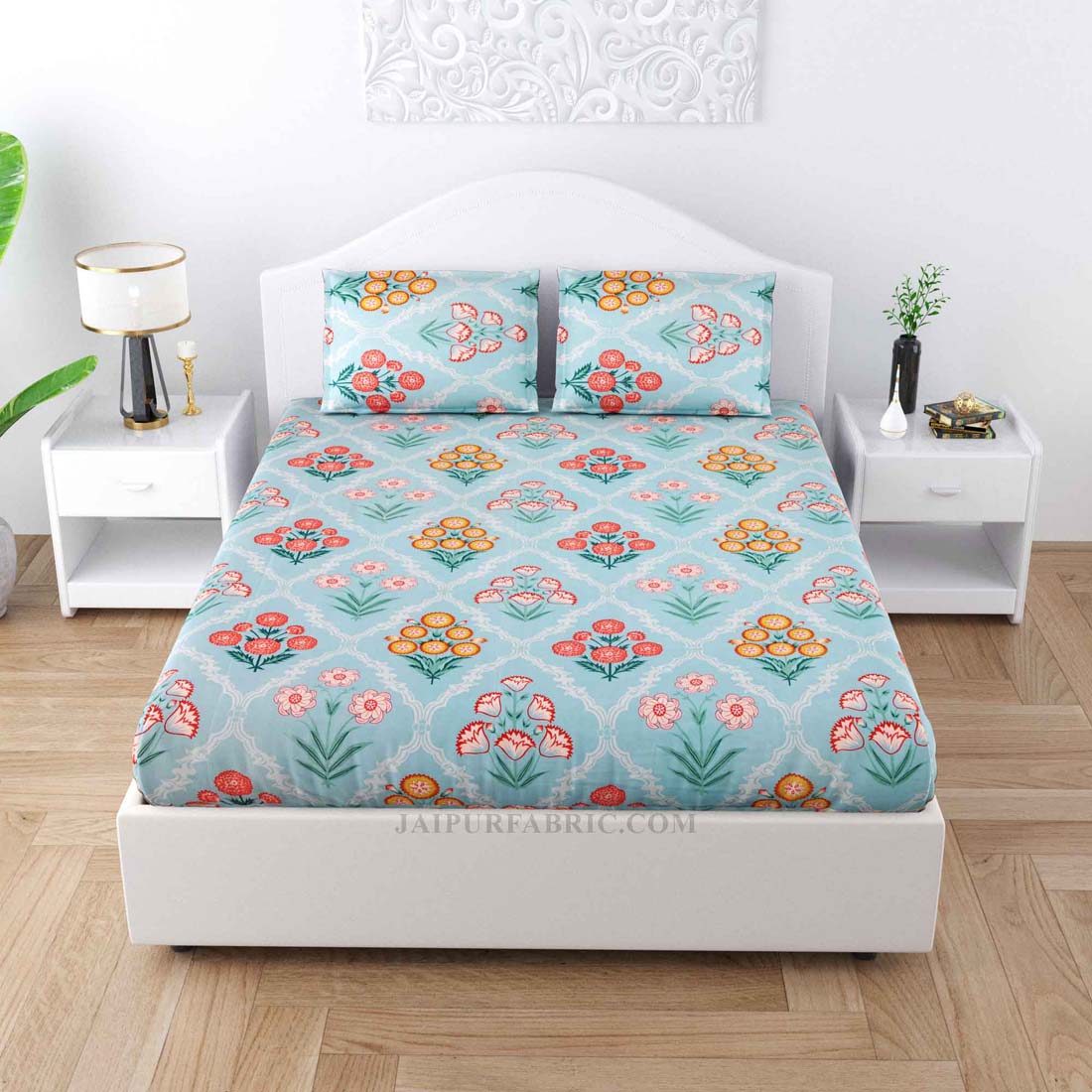 Decorated Diamonds Blue Cotton Double Bedsheet