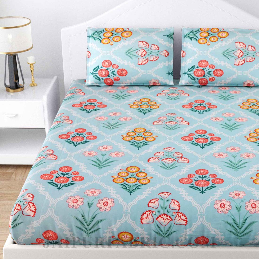 Decorated Diamonds Blue Cotton Double Bedsheet