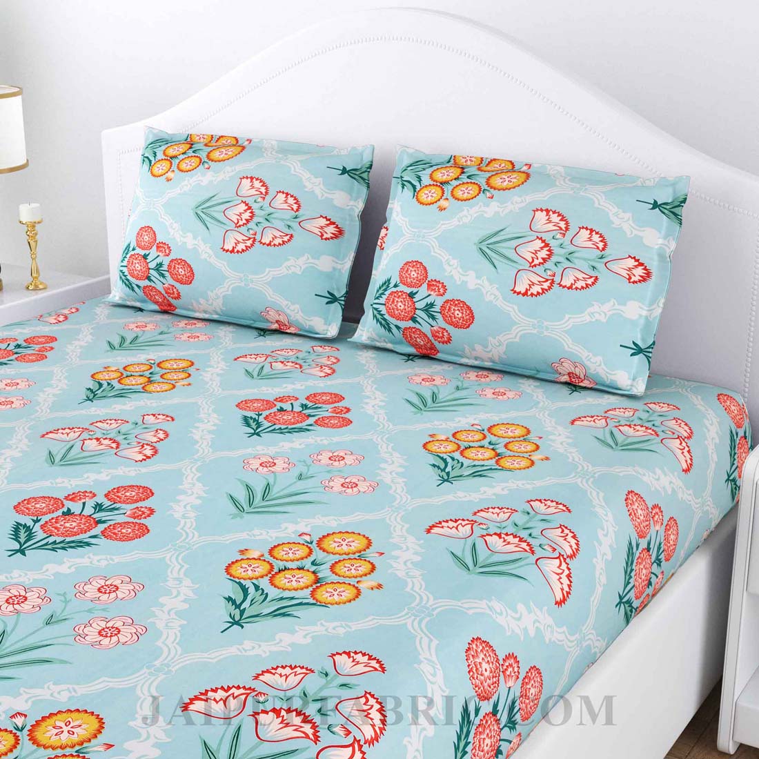 Decorated Diamonds Blue Cotton Double Bedsheet