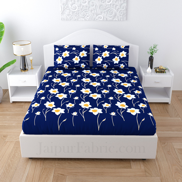 Common daisy Floral Navy Blue Poly Cotton Double Bedsheet