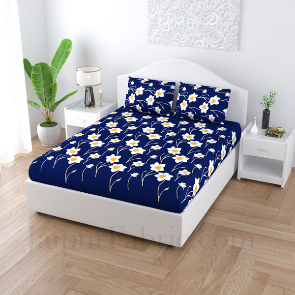 Common daisy Floral Navy Blue Poly Cotton Double Bedsheet