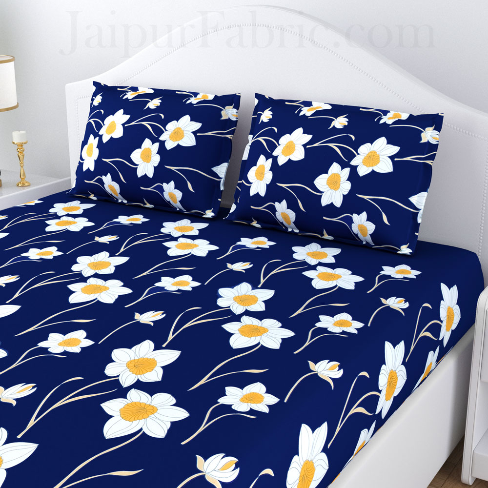 Common daisy Floral Navy Blue Poly Cotton Double Bedsheet