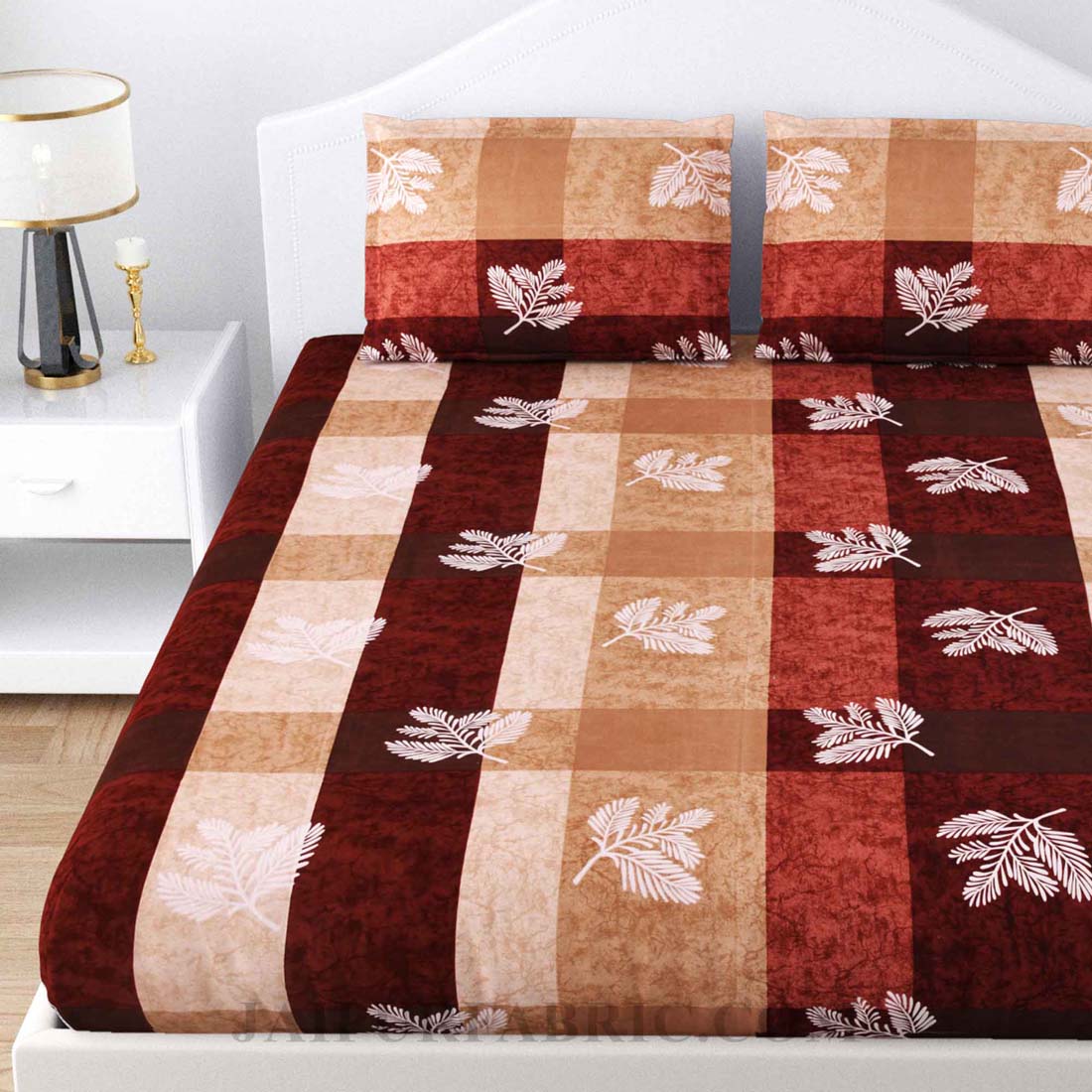 Leafy Decor Maroon Poly Cotton Double Bedsheet