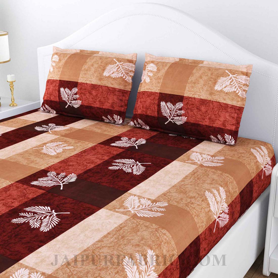 Leafy Decor Maroon Poly Cotton Double Bedsheet