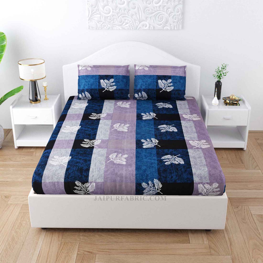 Leafy Decor Blue Poly Cotton Double Bedsheet