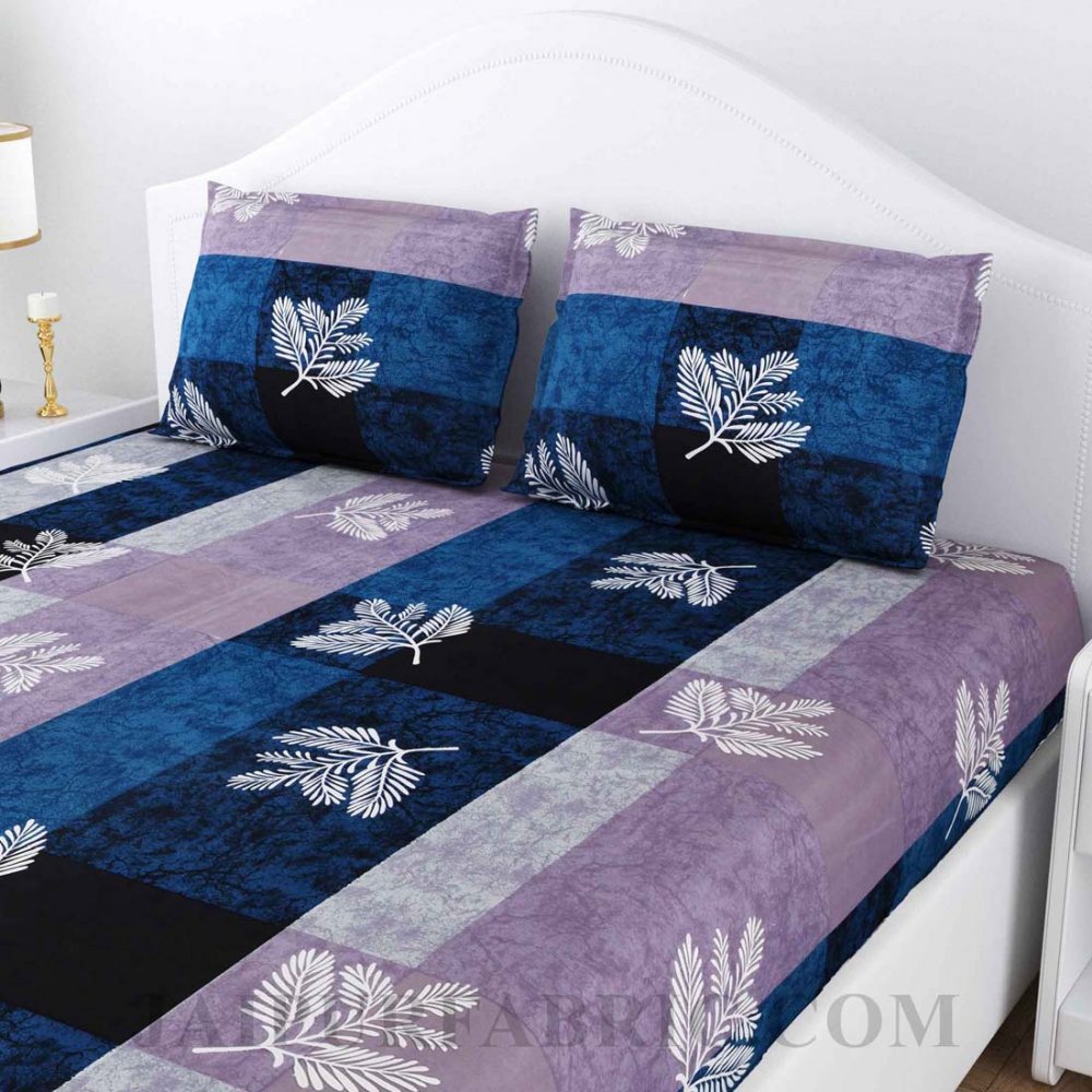 Leafy Decor Blue Poly Cotton Double Bedsheet