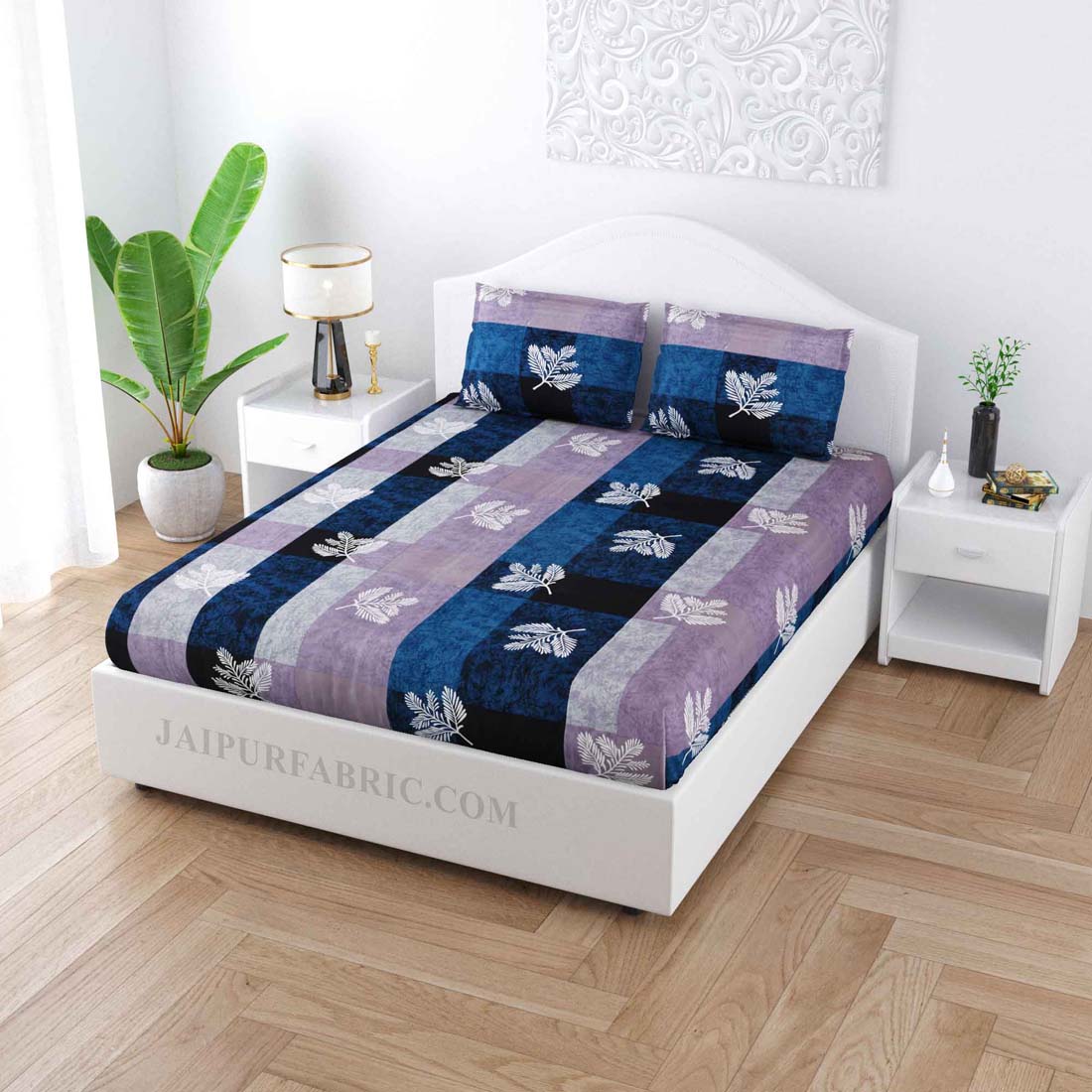 Leafy Decor Blue Poly Cotton Double Bedsheet