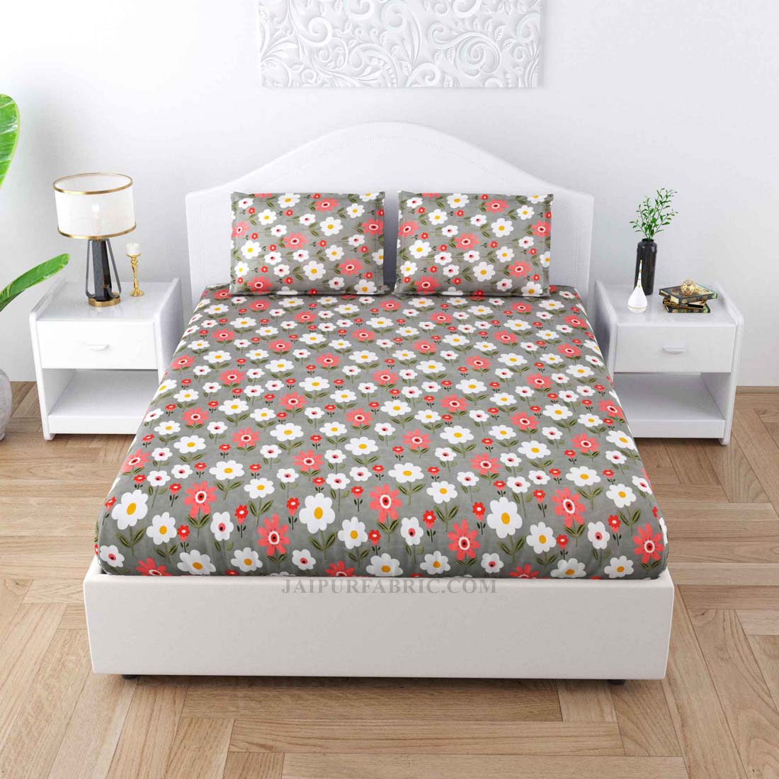 White N Peach Flowers  Poly Cotton Double Bedsheet