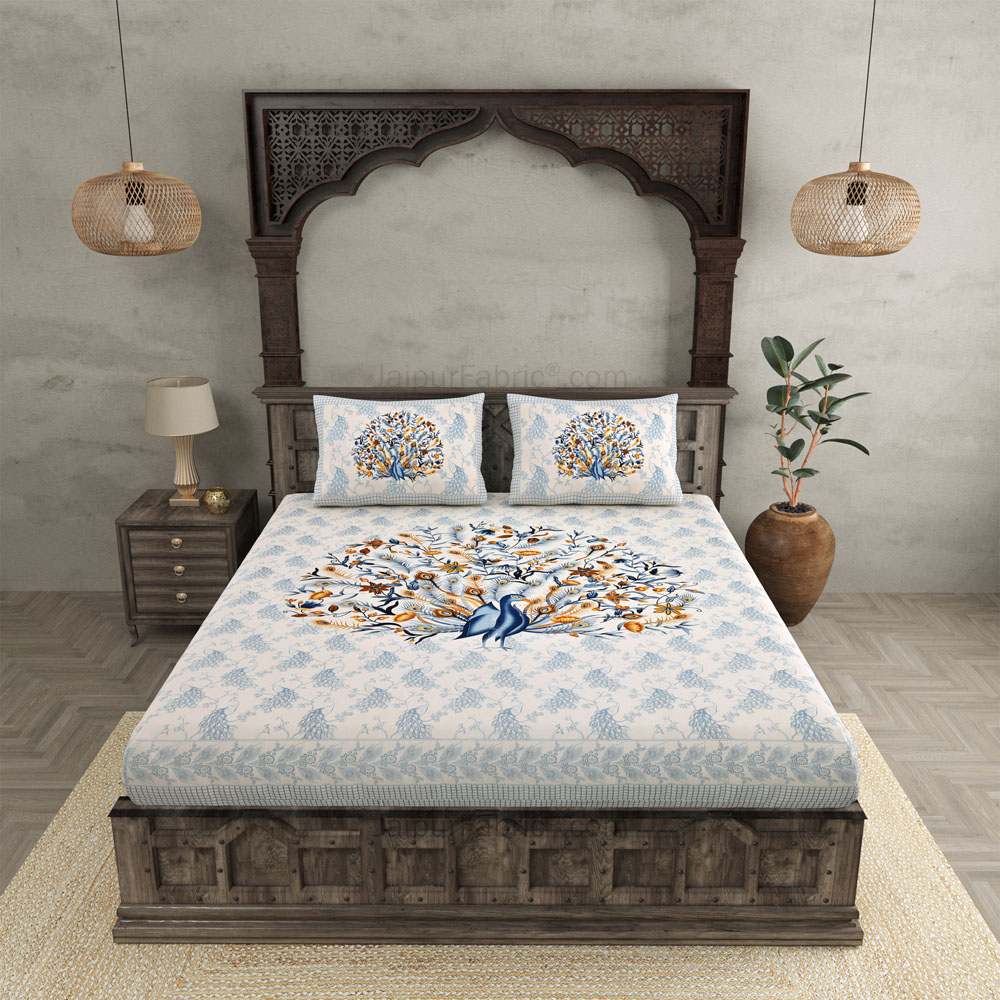 Dancing Peacock Blue Pure Cotton Double BedSheet