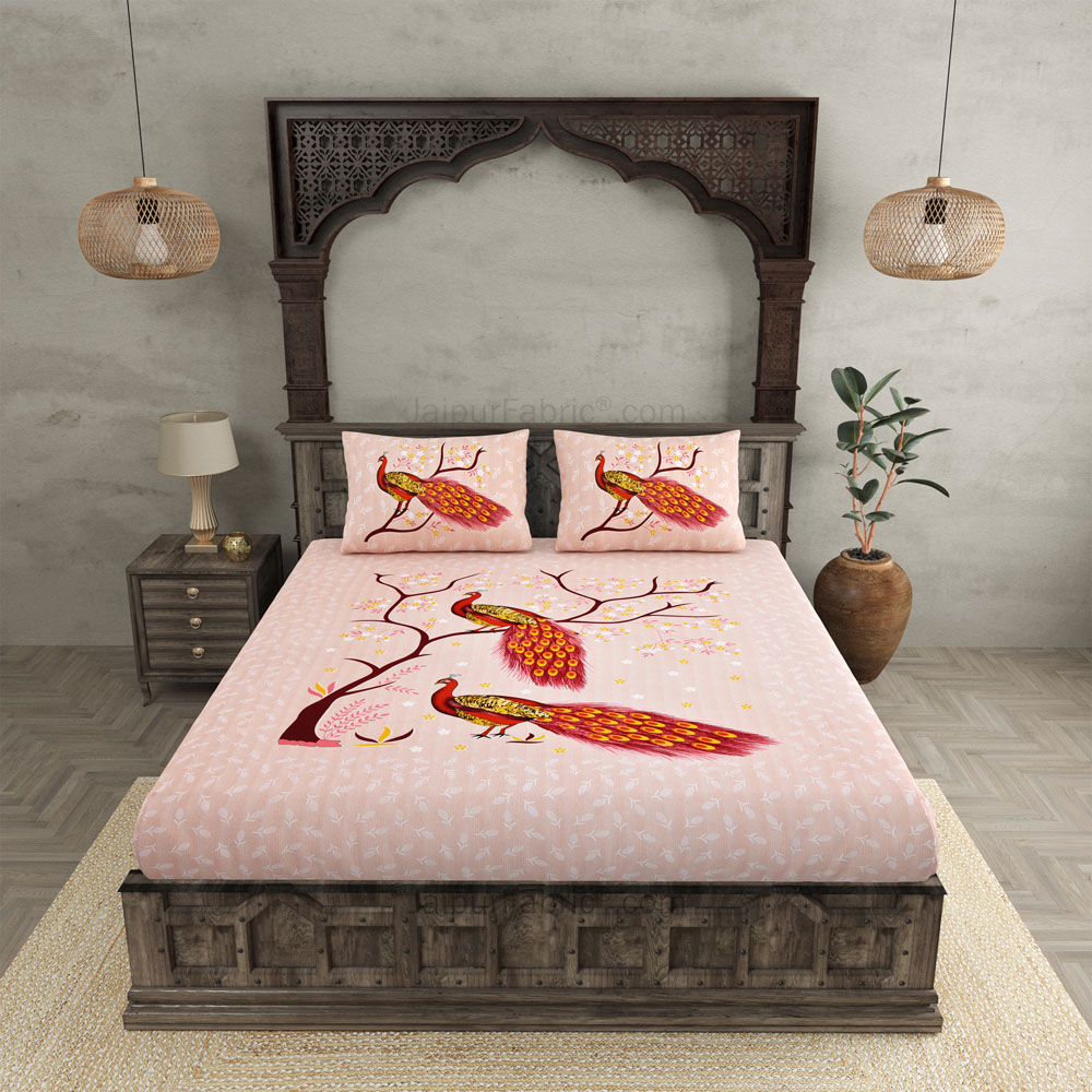 Jungle Peacock Peach Pure Cotton Double BedSheet