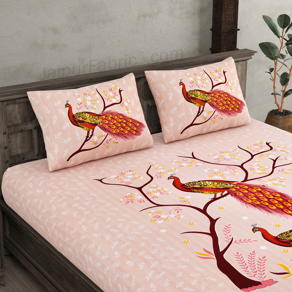 Jungle Peacock Peach Pure Cotton Double BedSheet