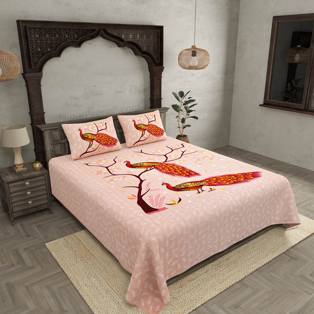 Jungle Peacock Peach Pure Cotton Double BedSheet