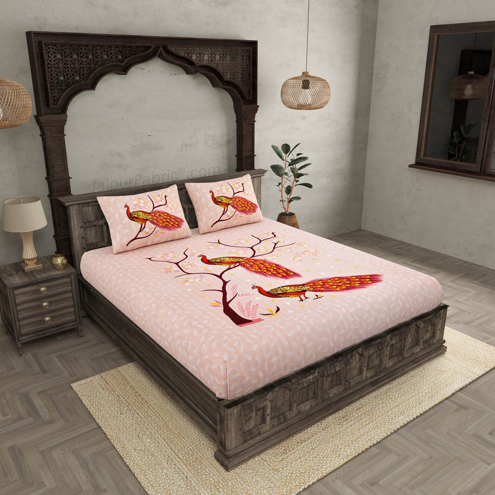 Jungle Peacock Peach Pure Cotton Double BedSheet