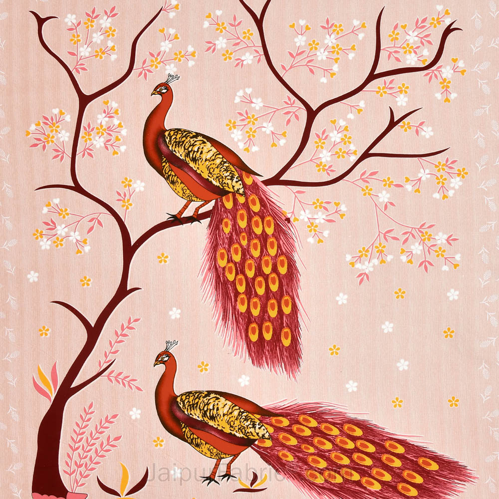 Jungle Peacock Peach Pure Cotton Double BedSheet