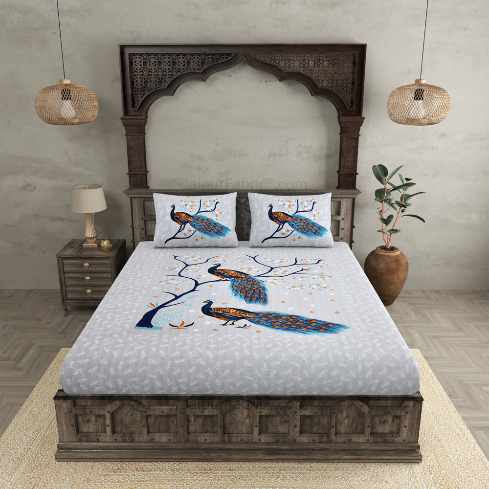 Jungle Peacock Blue Pure Cotton Double BedSheet