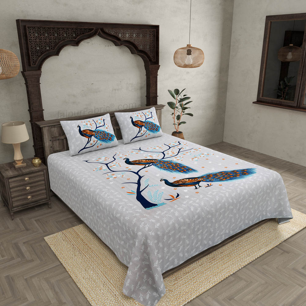 Jungle Peacock Blue Pure Cotton Double BedSheet