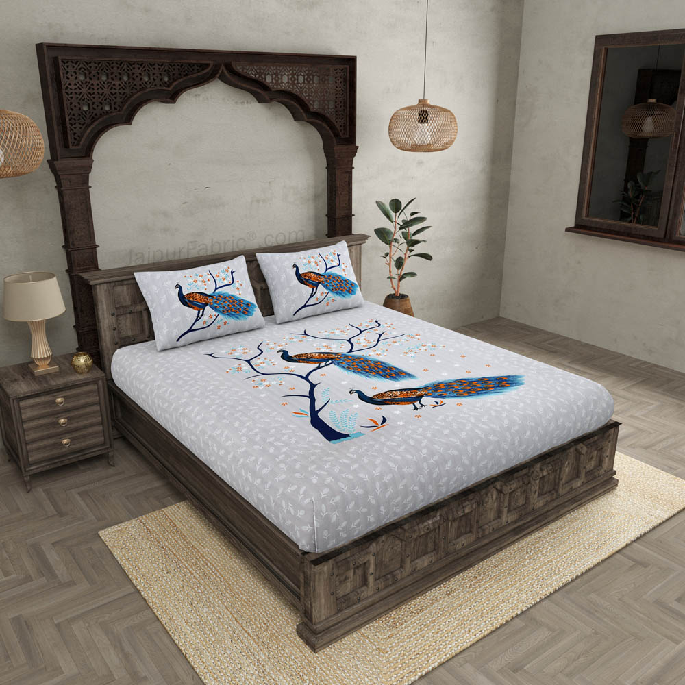 Jungle Peacock Blue Pure Cotton Double BedSheet