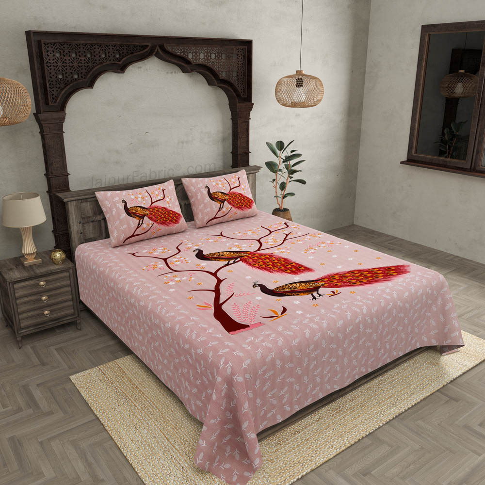 Jungle Peacock Pink Pure Cotton Double BedSheet