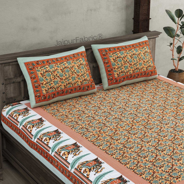 Leafy Flair Peach Pure Cotton Double Bedsheet