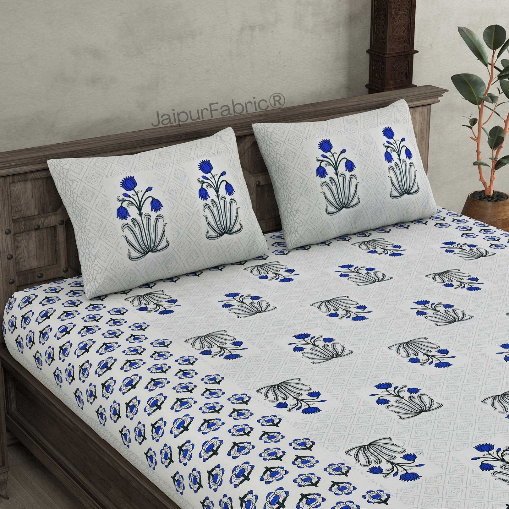 Blossomy Wonder Blue Pure Cotton Double Bedsheet