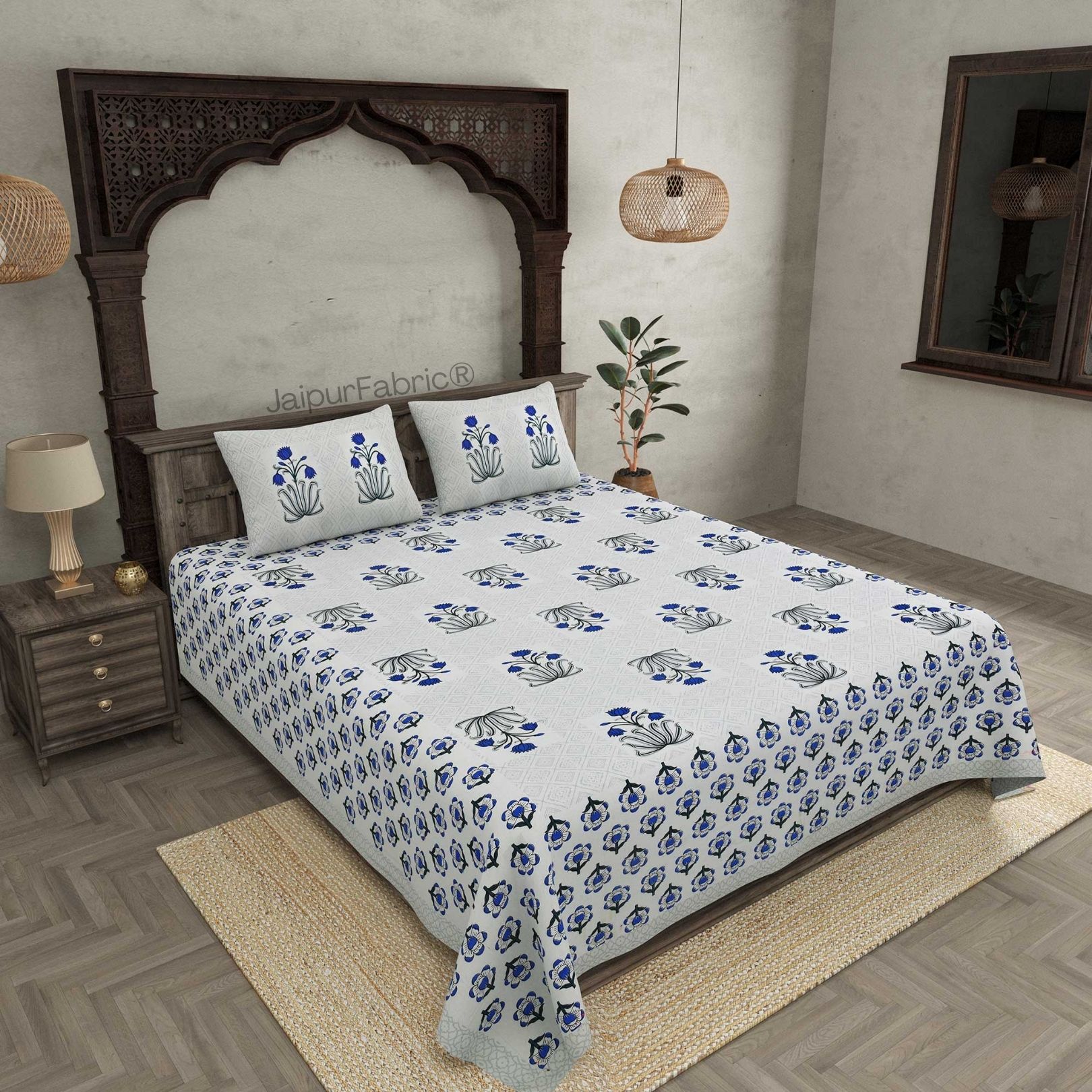 Blossomy Wonder Blue Pure Cotton Double Bedsheet