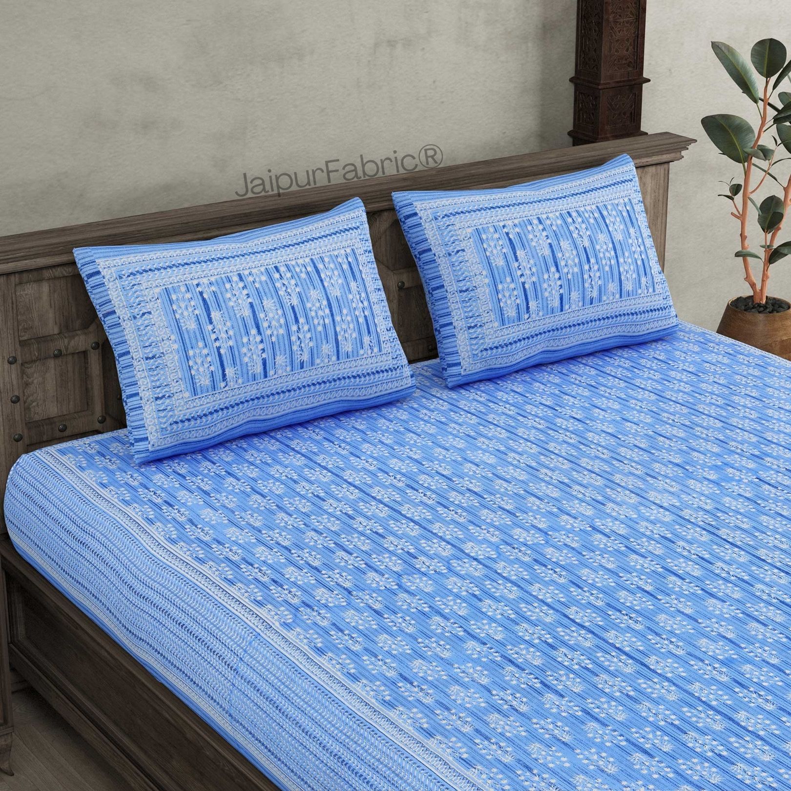 Verdant Wizard Blue Pure Cotton Double Bedsheet