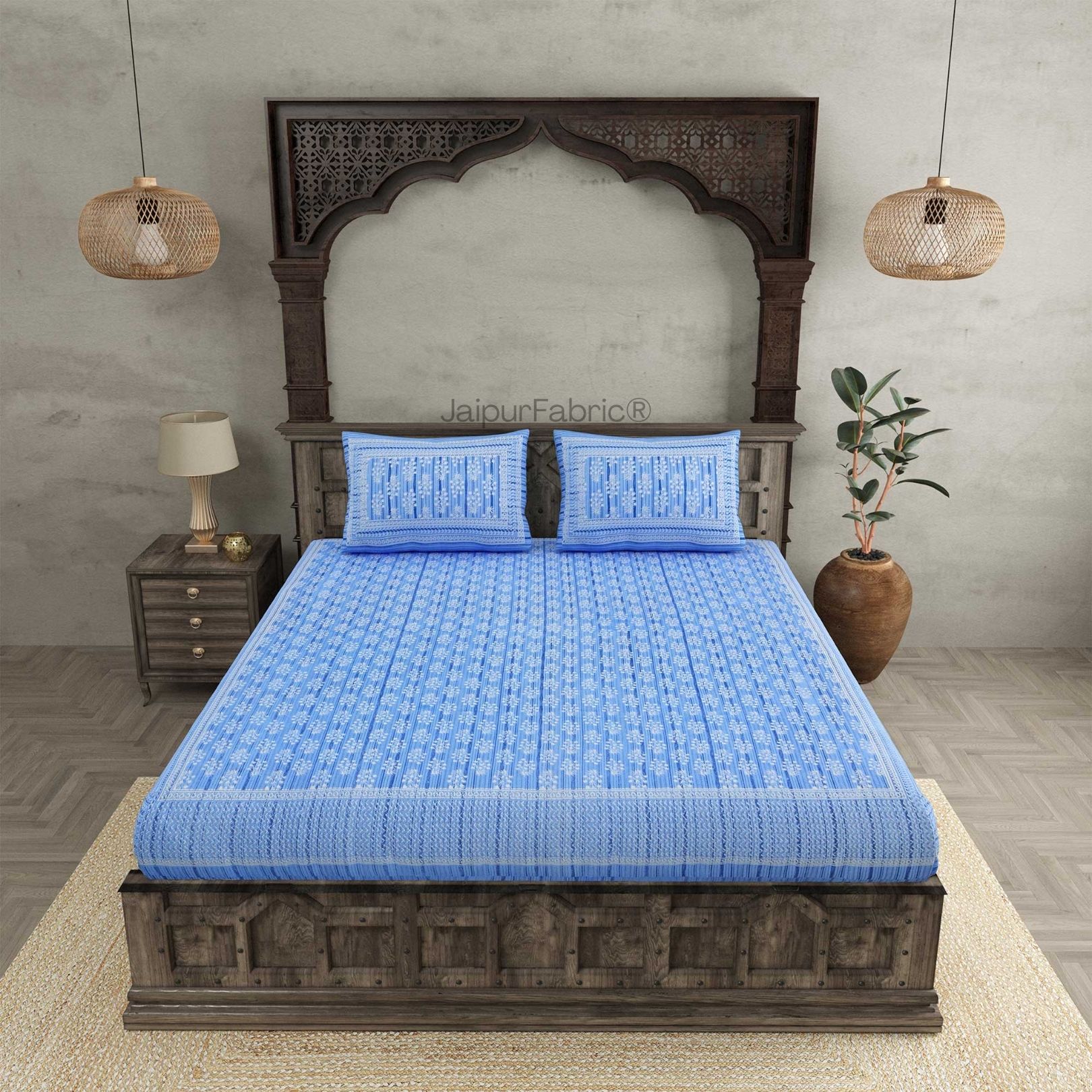 Verdant Wizard Blue Pure Cotton Double Bedsheet