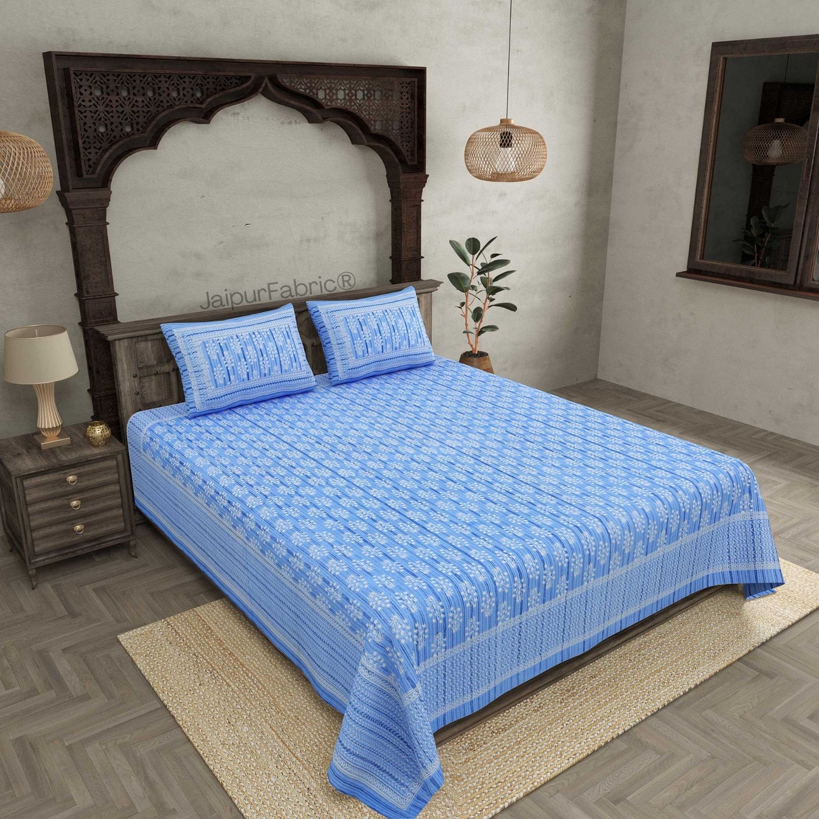 Verdant Wizard Blue Pure Cotton Double Bedsheet