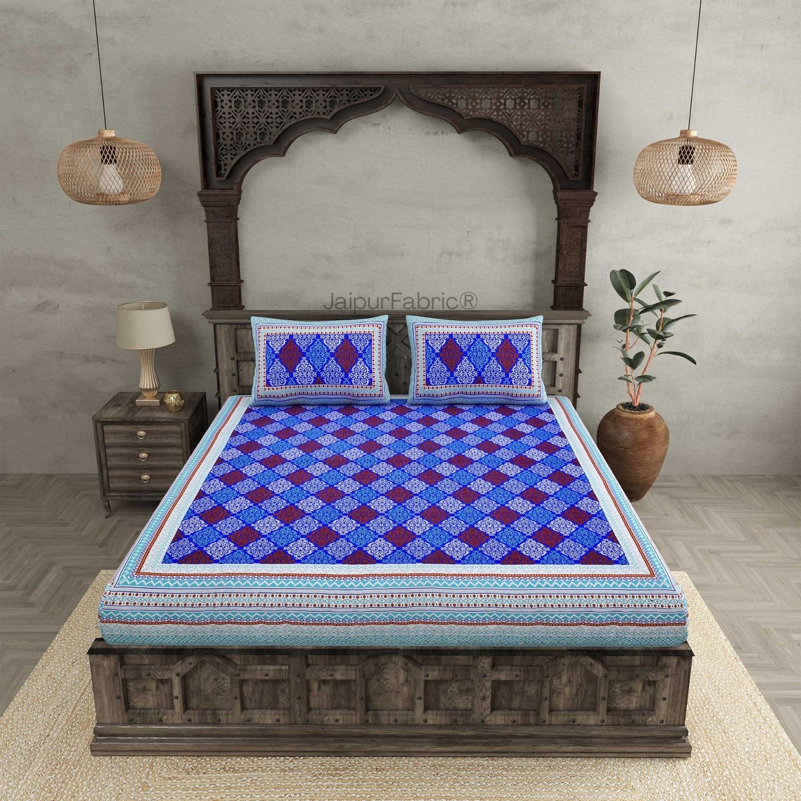 The Traditional Touch Blue Pure Cotton Double Bedsheet