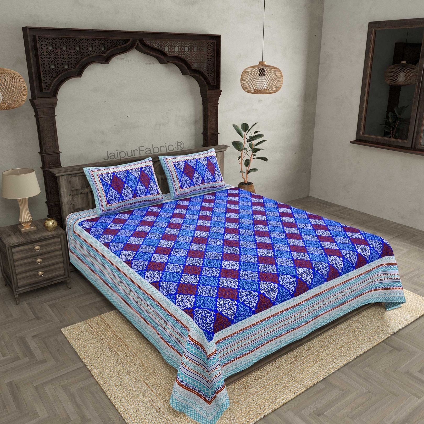 The Traditional Touch Blue Pure Cotton Double Bedsheet