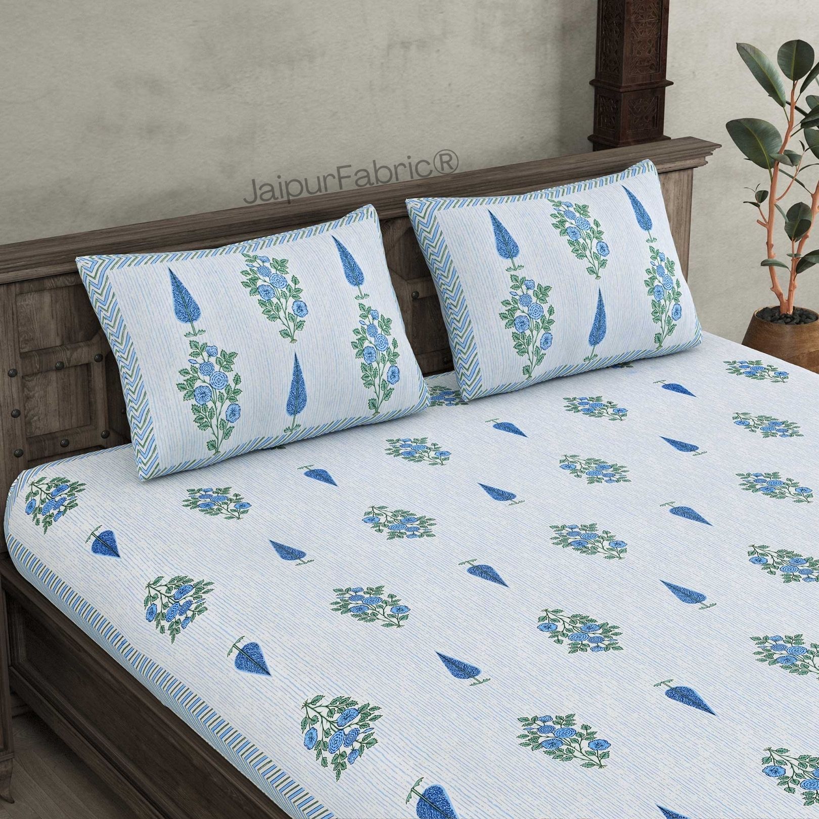 Deodar Décor Blue Pure Cotton Double Bedsheet