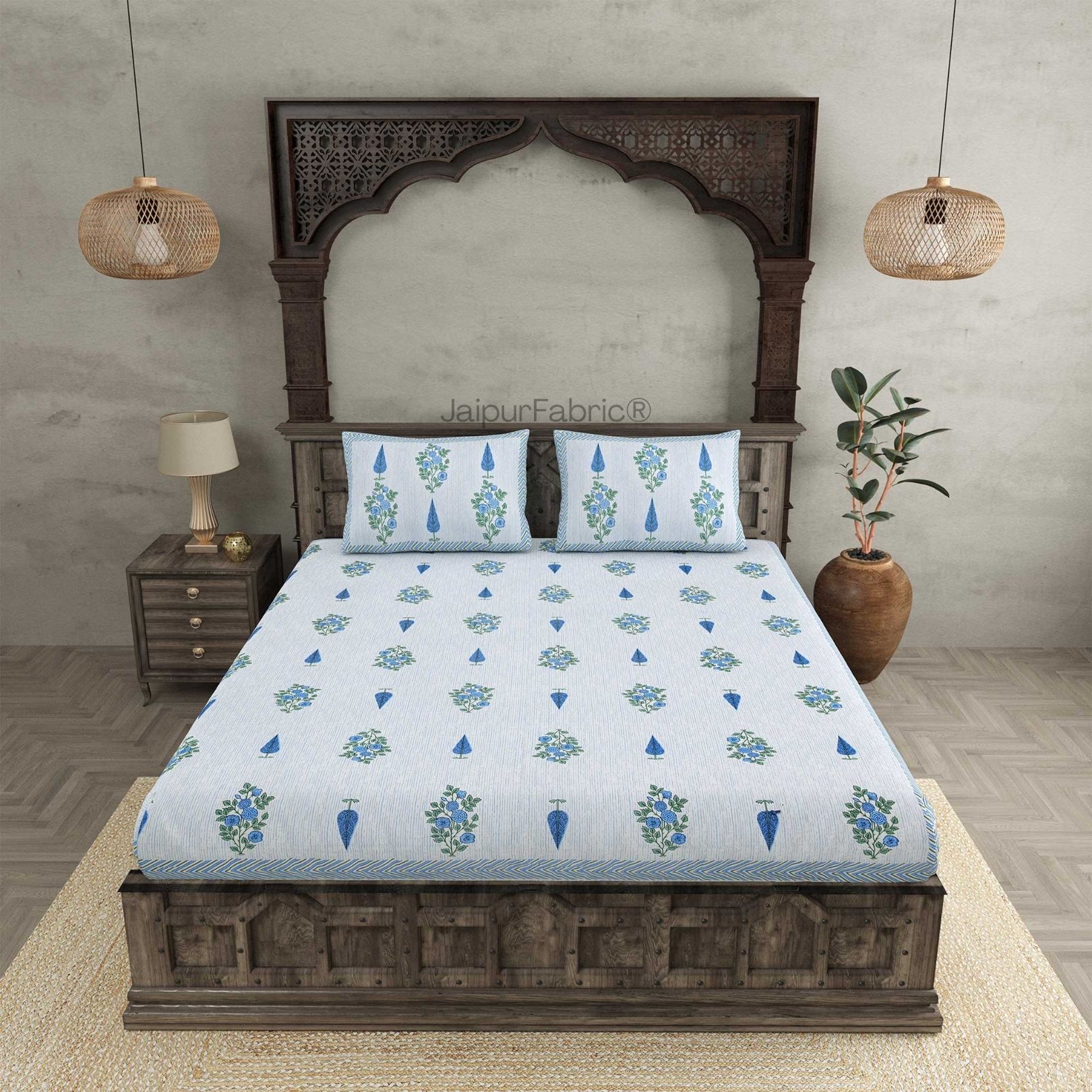 Deodar Décor Blue Pure Cotton Double Bedsheet