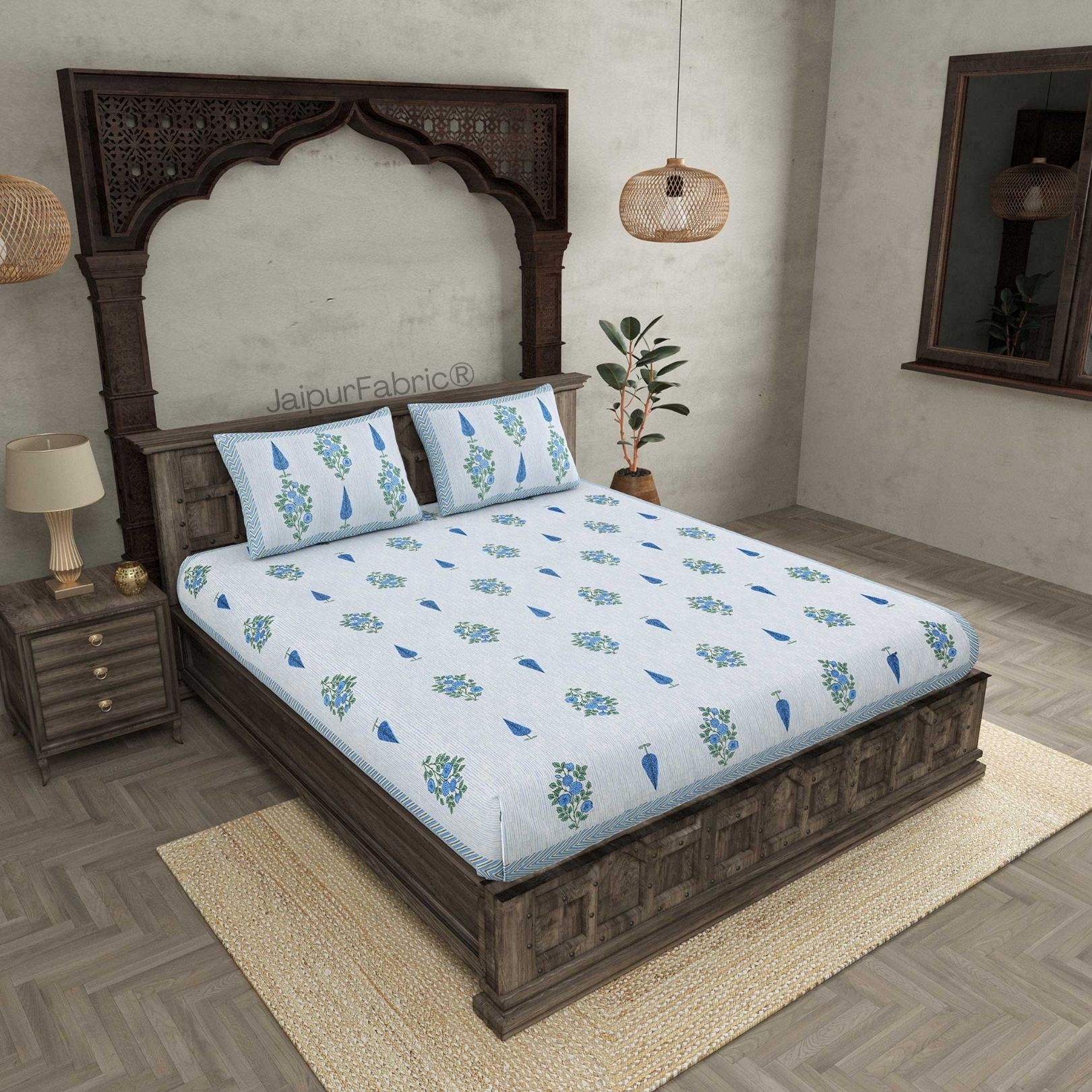 Deodar Décor Blue Pure Cotton Double Bedsheet