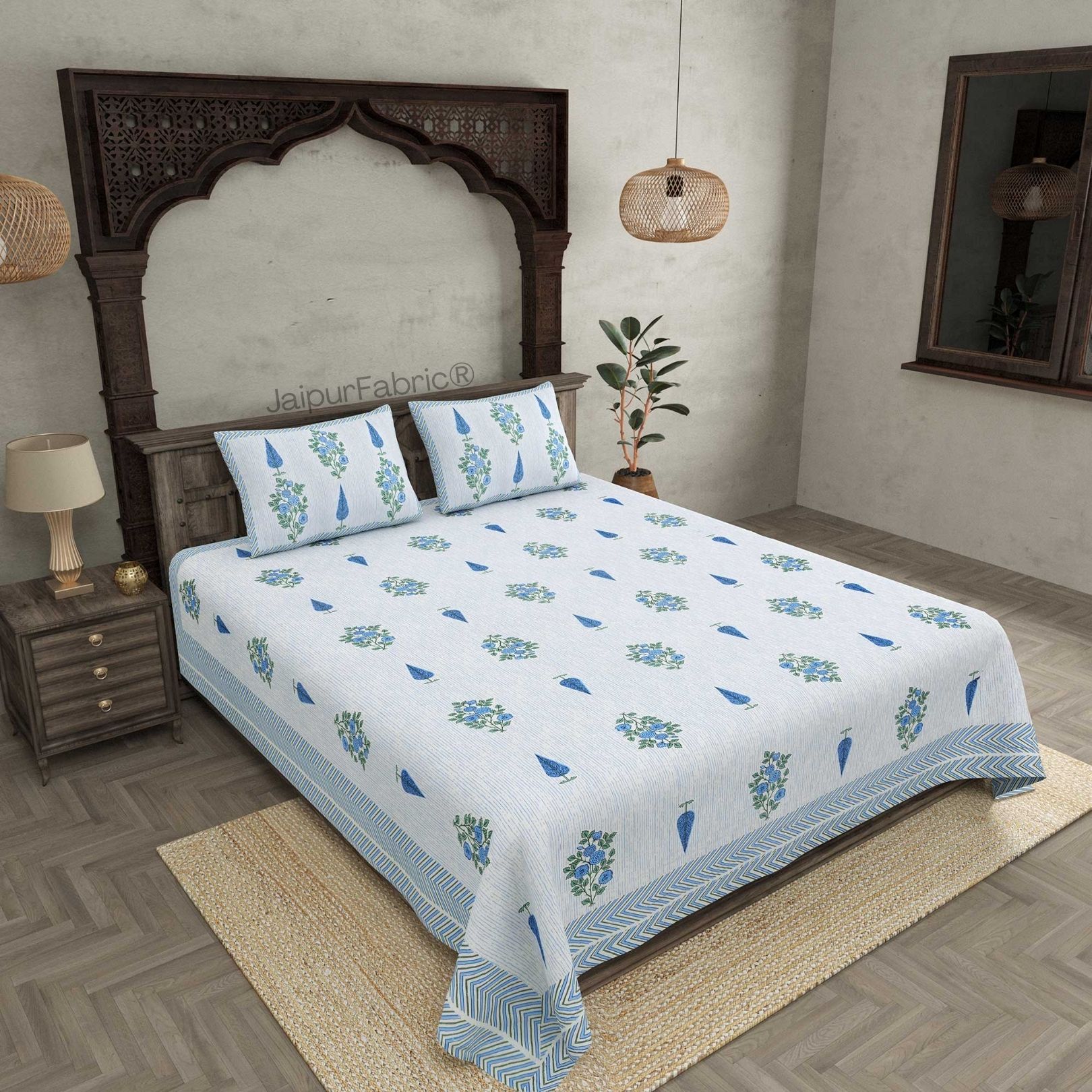 Deodar Décor Blue Pure Cotton Double Bedsheet