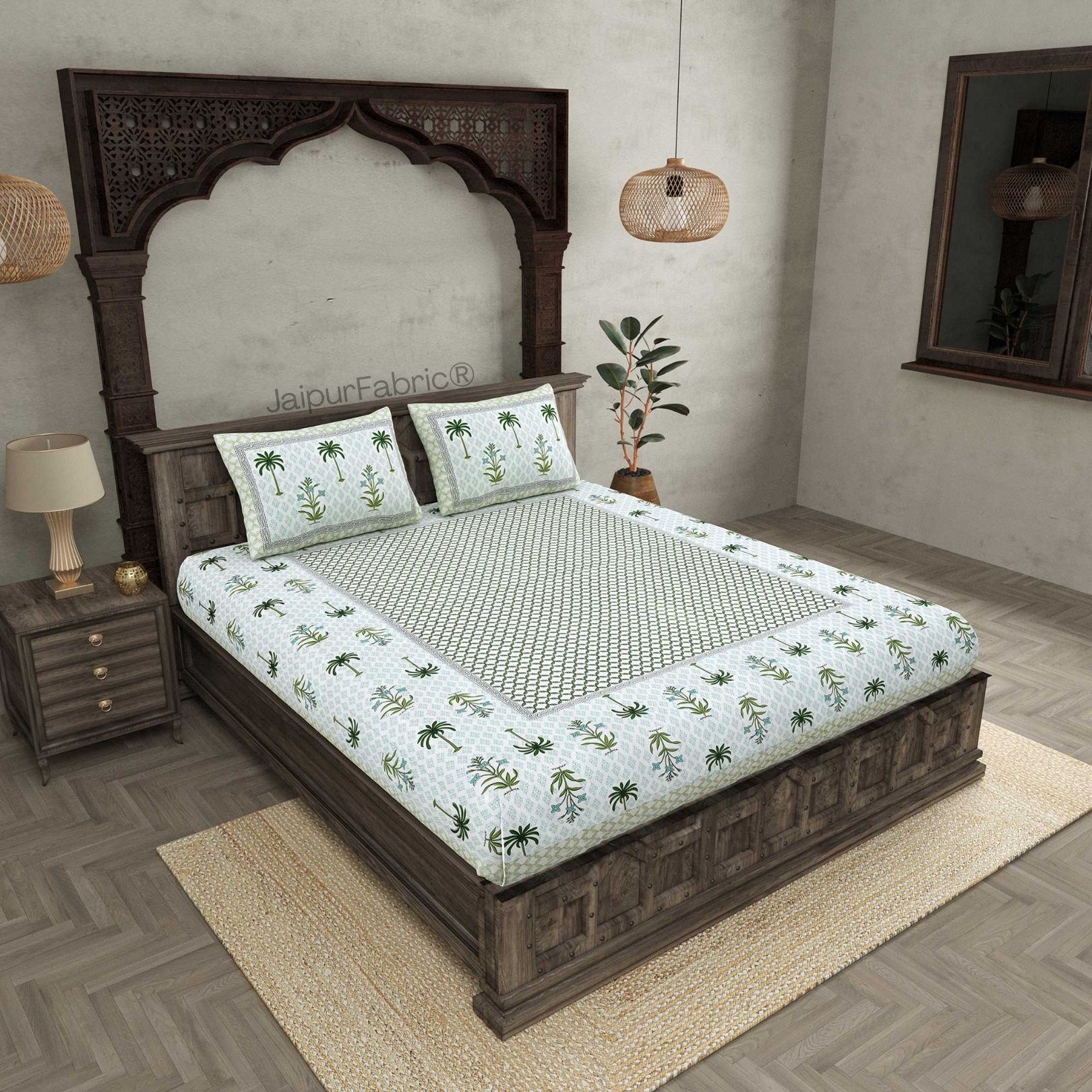 Beautiful Bunaai Green Pure Cotton Double Bedsheet