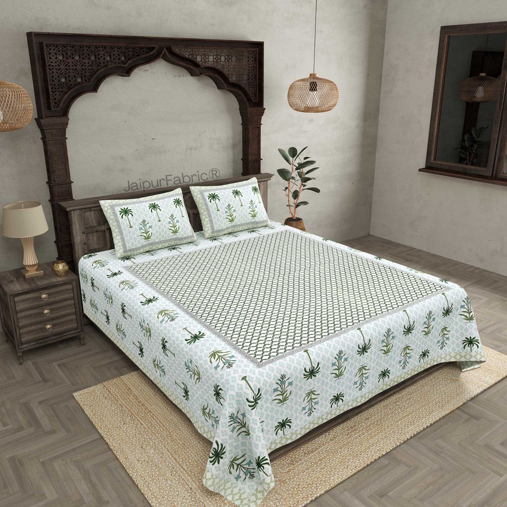 Beautiful Bunaai Green Pure Cotton Double Bedsheet