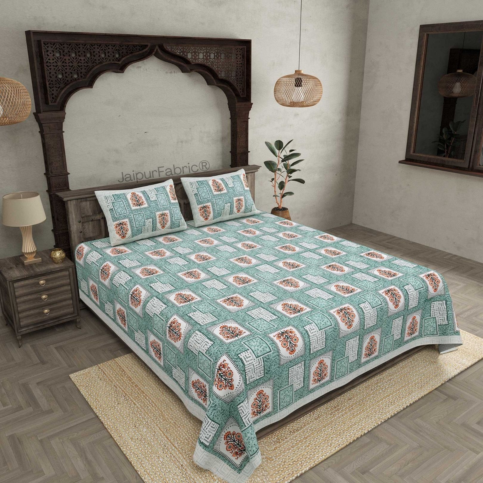 Rani Jharoka Green Pure Cotton Double Bedsheet