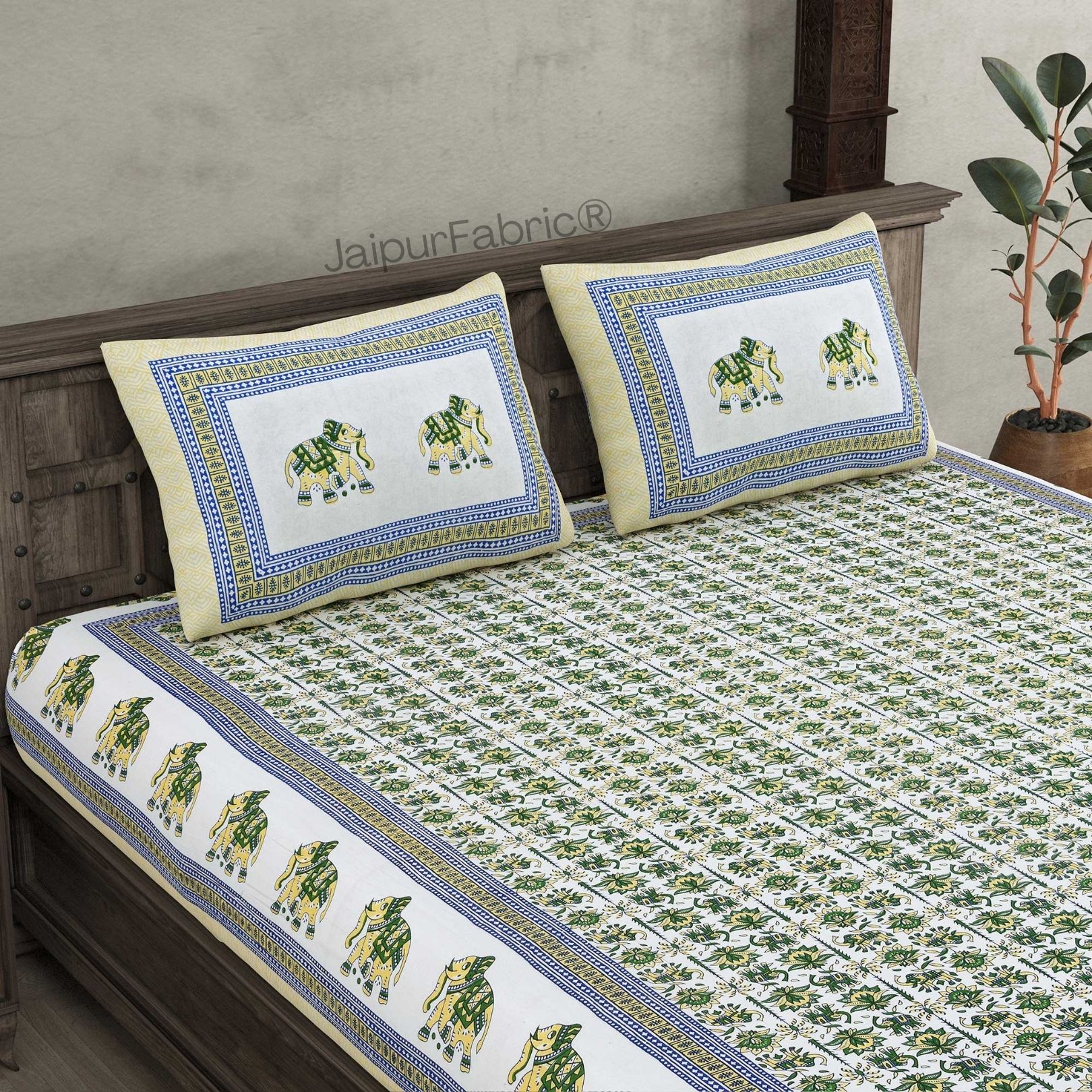 Padharo Sa Green Pure Cotton Double Bedsheet