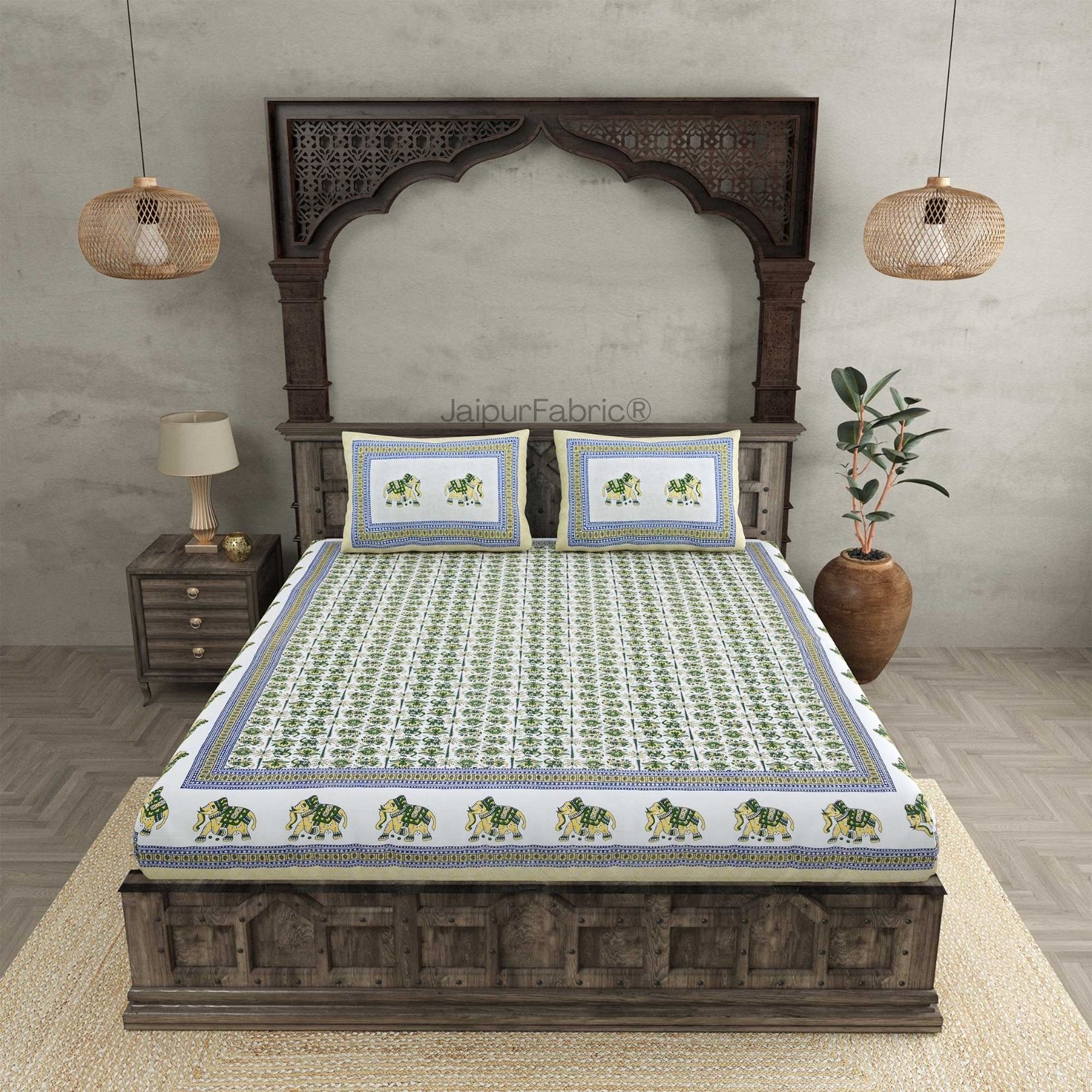 Padharo Sa Green Pure Cotton Double Bedsheet